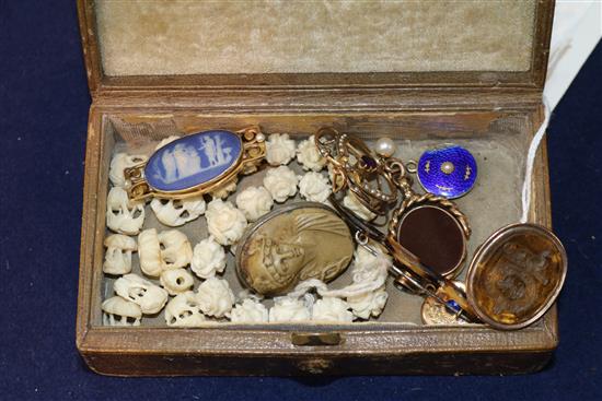 A group of costume jewellery, gold jewellery, silver etc. including a Murrle Bennett 9ct gold and seed pearl mounted Wedgwood brooch.